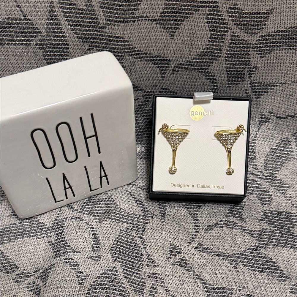 Gemelli Gold & Silver Martini Earrings with Sparkling Crystals (NIB)